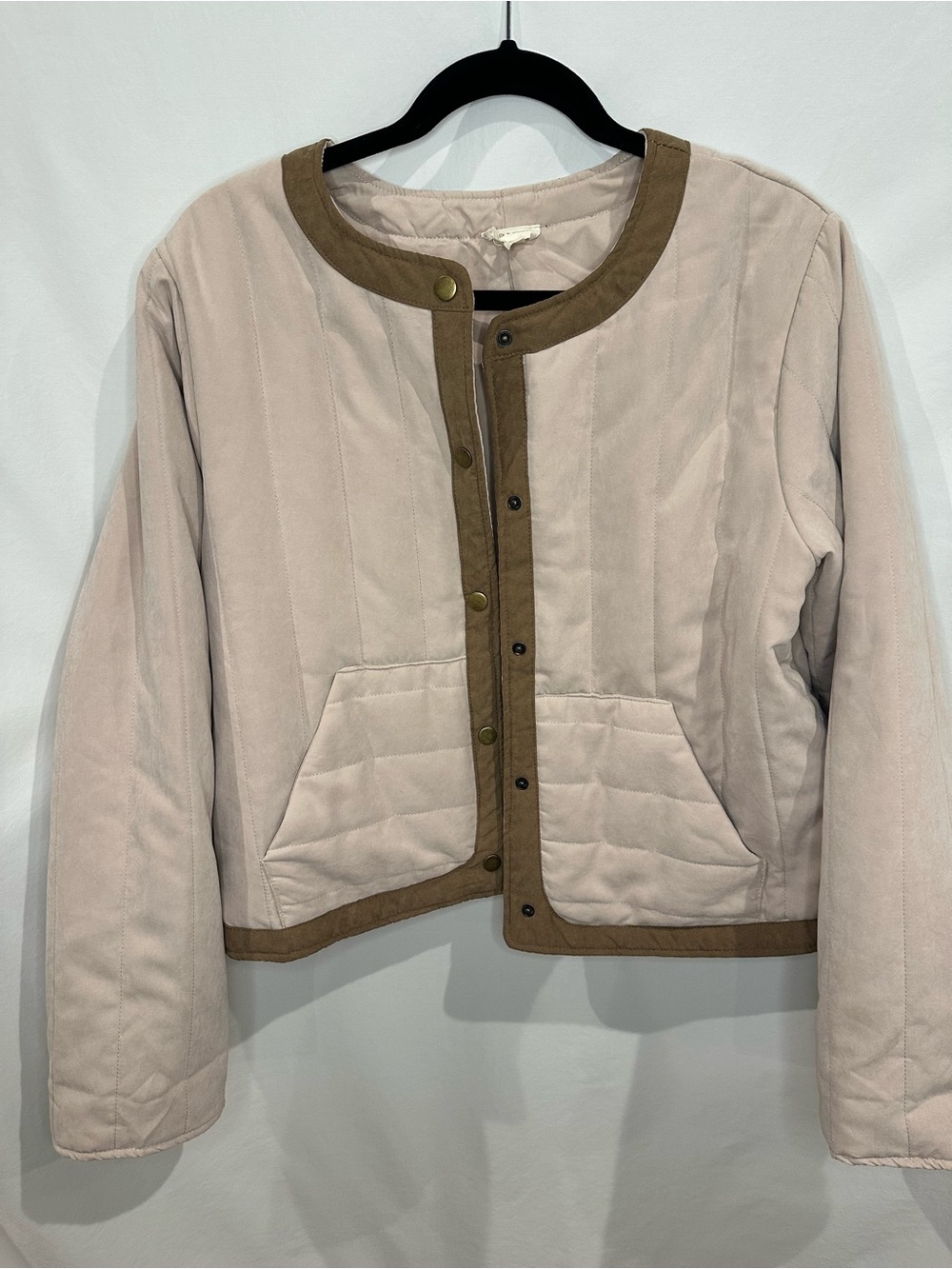 Hem & Thread Pale Pink Quilted Jacket with Brown Trim